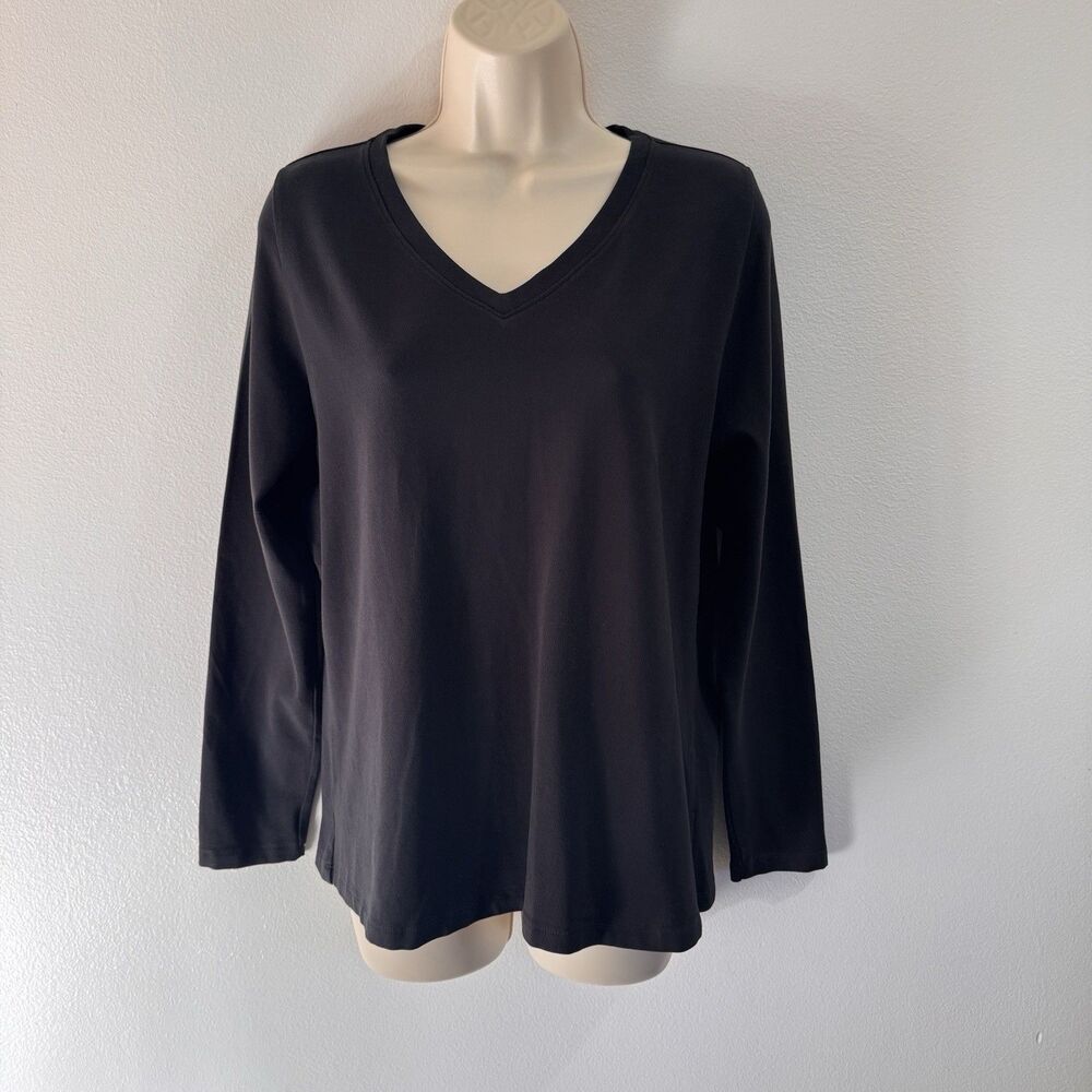 E.L.I. Blouse Shirt L V-neck Pullover Black Pima Cotton Stretch Long Sleeves